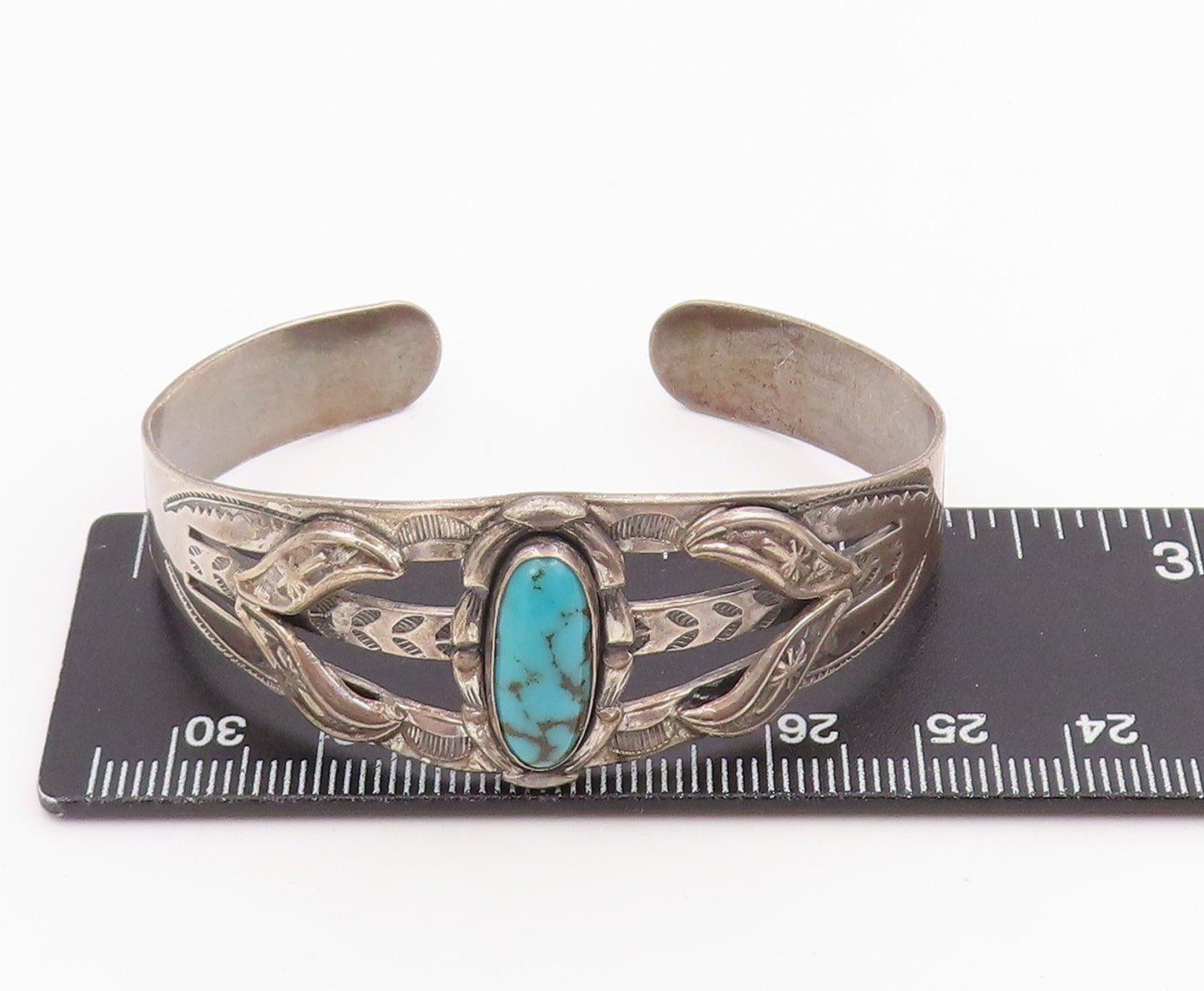 925 Sterling Silver Vintage Bracelet BELL NAVAJO Etched Turquoise Cuff  BT11966