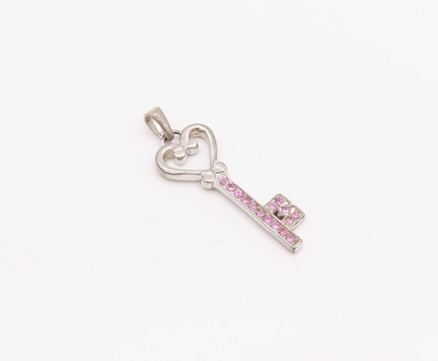 925 Sterling Silver Vintage Pendant Pink Topaz Inlay Key With Heart  PT23343