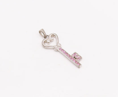 925 Sterling Silver Vintage Pendant Pink Topaz Inlay Key With Heart  PT23343
