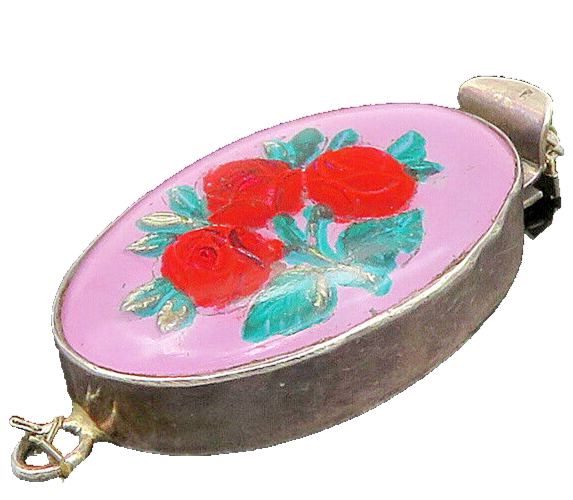 925 Sterling Silver  Vintage Enamel Floral Art Oval Trinket  TR3123