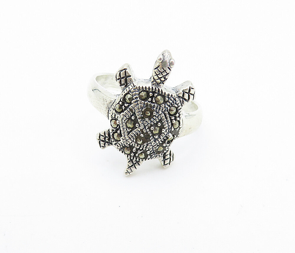 925 Sterling Silver  Marcasite Decorated Turtle Statement Ring Sz 9.5  RG7872