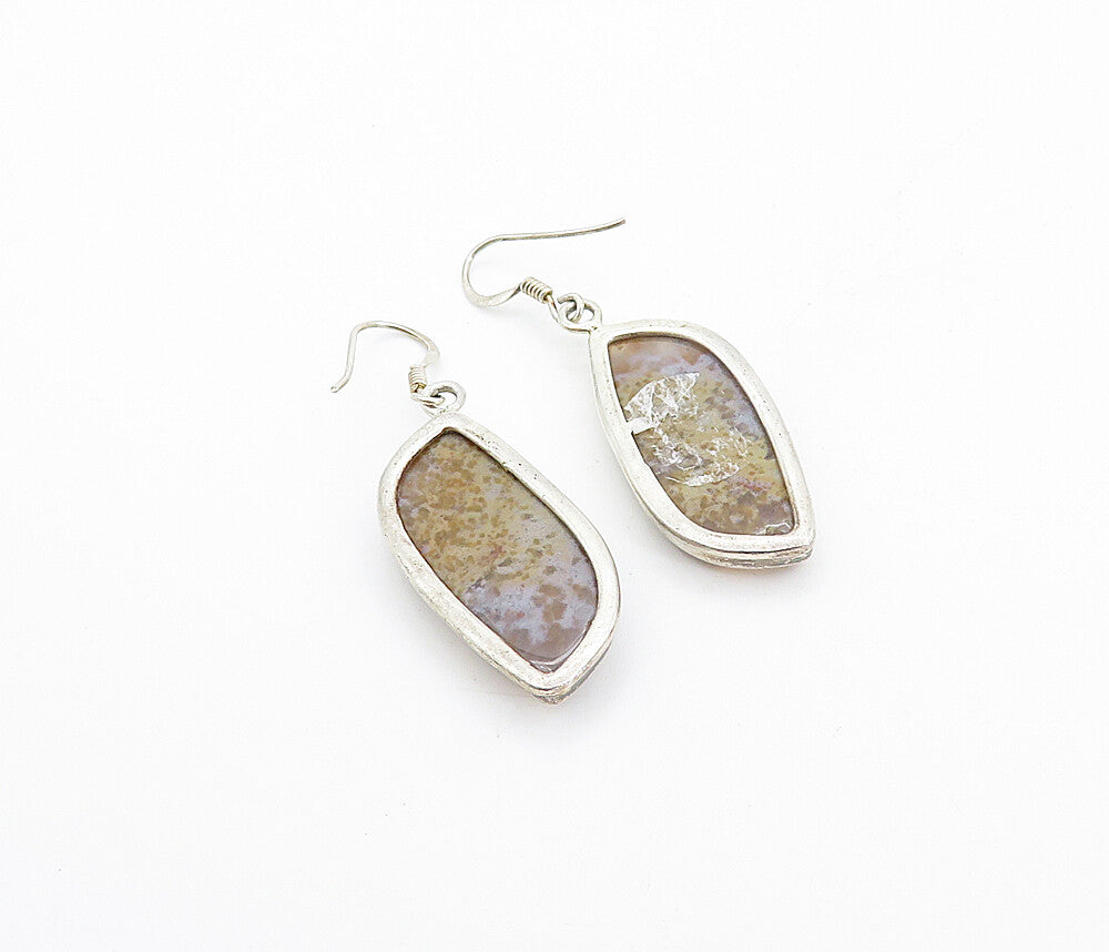 925 Sterling Silver  Vintage Brown Agate Shiny Bail Dangle Earrings  EG3187
