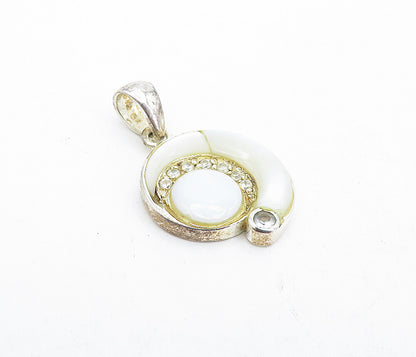 925 Sterling Silver  Vintage Mother Of Pearl & Topaz Swirl Pendant  PT3552