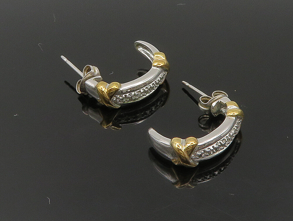 925 Sterling Silver  Vintage Two Tone Genuine Diamonds Hoop Earrings  EG11594