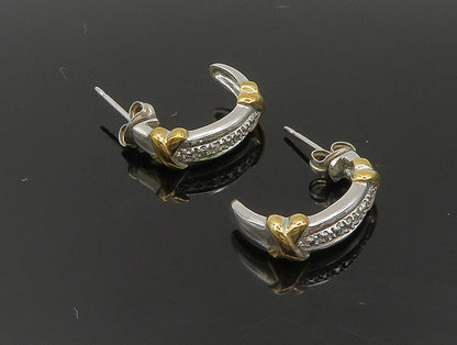 925 Sterling Silver  Vintage Two Tone Genuine Diamonds Hoop Earrings  EG11594