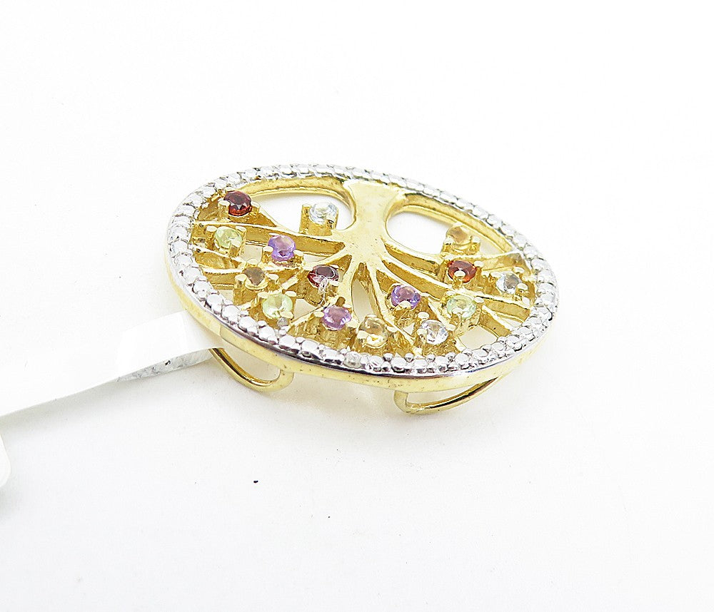 925 Silver Multicolor Topaz & Genuine Diamond Tree Of Life Pendant  PT5090