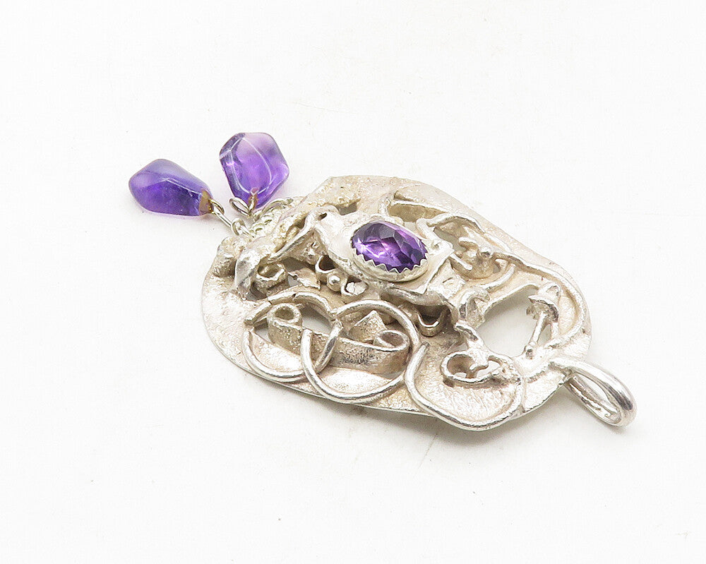 925 Sterling Silver  Vintage Amethyst Modernist Sculpted Swirl Pendant  PT7834