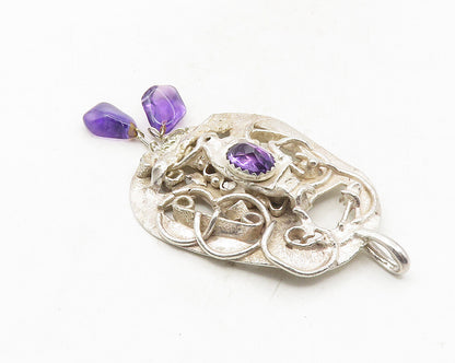 925 Sterling Silver  Vintage Amethyst Modernist Sculpted Swirl Pendant  PT7834
