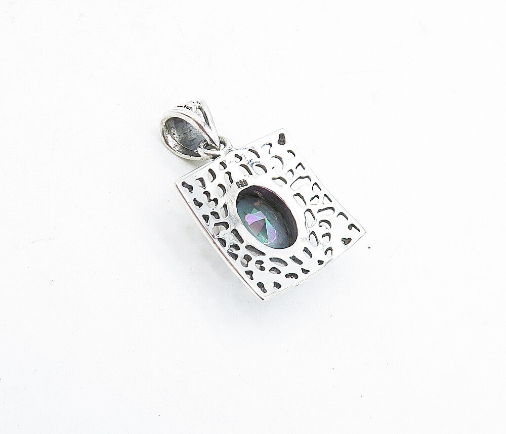 925 Sterling Silver  Mystic Topaz Shiny Cutout Square Drop Pendant  PT3380
