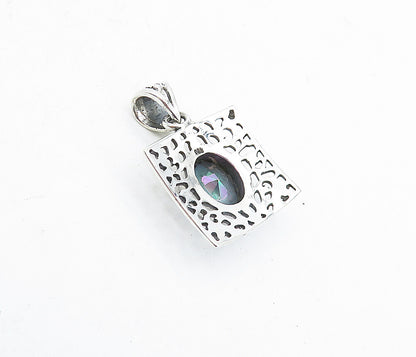 925 Sterling Silver  Mystic Topaz Shiny Cutout Square Drop Pendant  PT3380