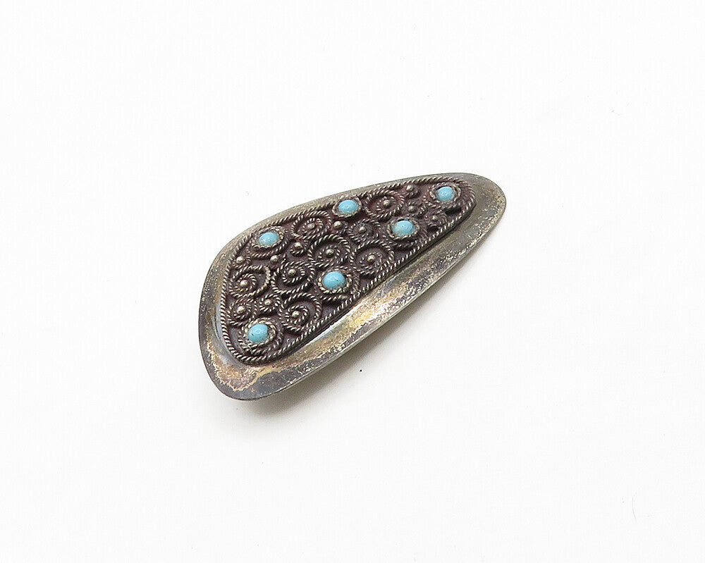 ISRAEL 925 Sterling Silver  Vintage Turquoise Twist Pattern Brooch Pin  BP7688