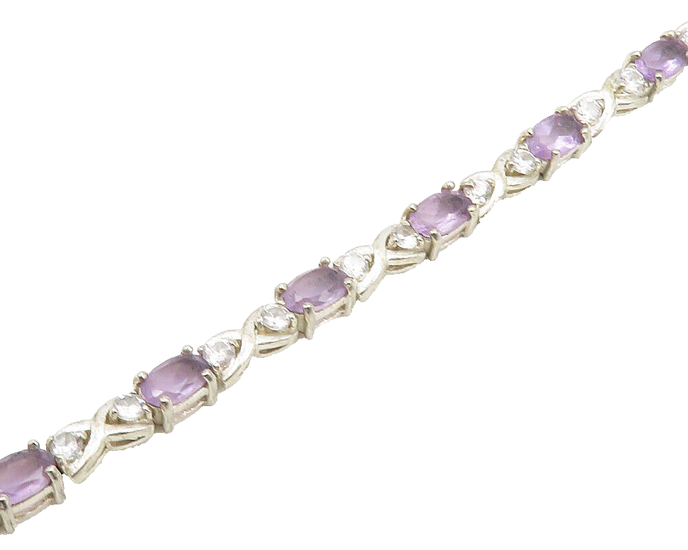 925 Sterling Silver  Vintage Amethyst & Topaz XO Shiny Chain Bracelet  BT7889