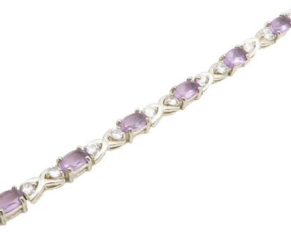 925 Sterling Silver  Vintage Amethyst & Topaz XO Shiny Chain Bracelet  BT7889