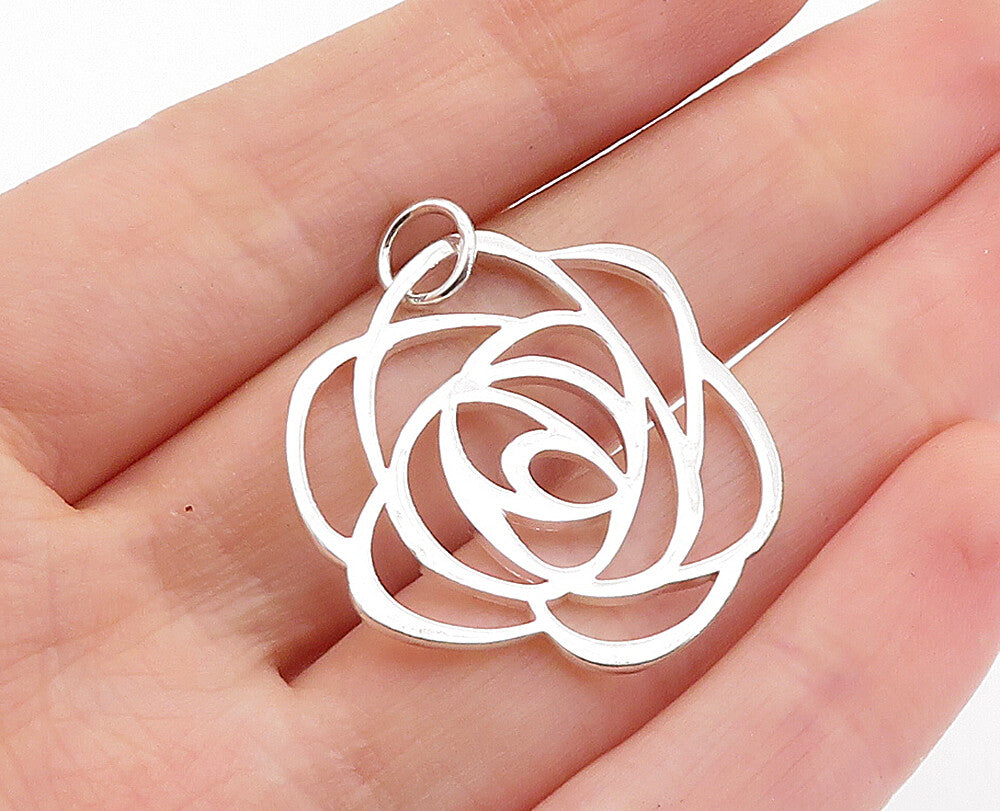 925 Sterling Silver  Shiny Polished Open Rose Flower Motif Pendant  PT4648