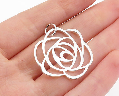 925 Sterling Silver  Shiny Polished Open Rose Flower Motif Pendant  PT4648