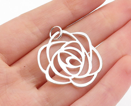 925 Sterling Silver  Shiny Polished Open Rose Flower Motif Pendant  PT4648