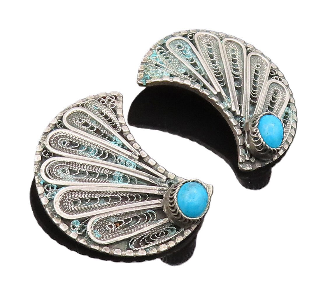 925 Sterling Silver Earrings MIDDLE EAST Turquoise Carved Feathers  EG12846