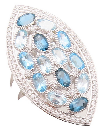 925 Sterling Silver Vintage Ring Oval Cut Blue Topaz Marquise Inlay Sz 7 RG29938