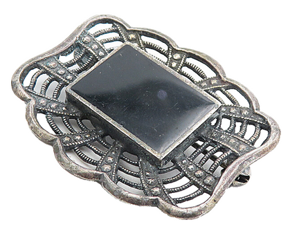 925 Sterling Silver  Vintage Inlaid Black Onyx Dark Tone Brooch Pin  BP3007