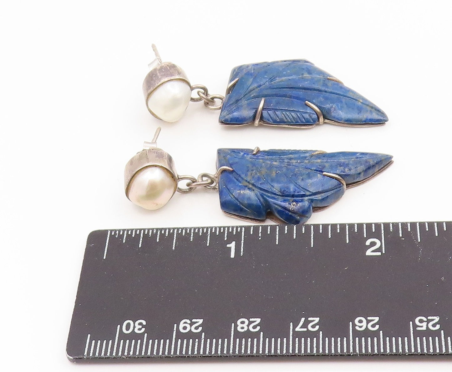 925 Sterling Silver Vintage Earrings JAIN ALOK Pearl Carved Lapis Lazuli EG14172