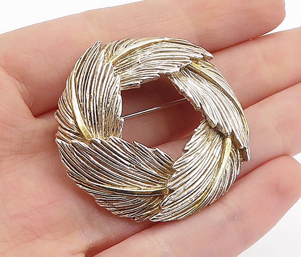 MEXICO 925 Sterling Silver  Vintage Shiny Floral Leaf Wreath Brooch Pin BP2639