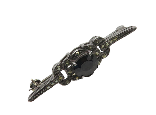 925 Sterling Silver  Vintage Black Hematite & Marcasite Brooch Pin  BP7103