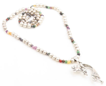 MASHA NAVAJO 925 Silver Vintage Multi Stone Kokopelli Chain Necklace NE1320