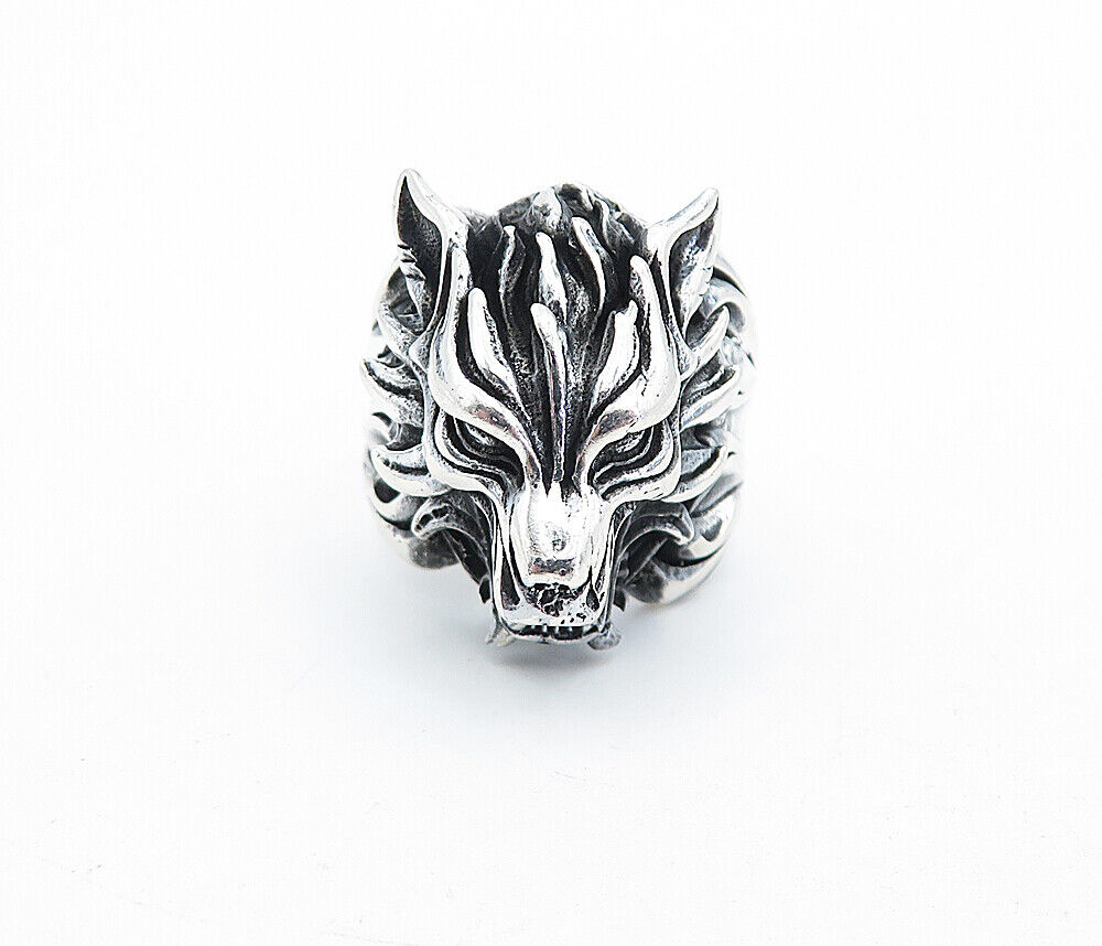 925 Sterling Silver  Vintage Sculpted Wolf's Head Band Ring Sz 12  RG5364