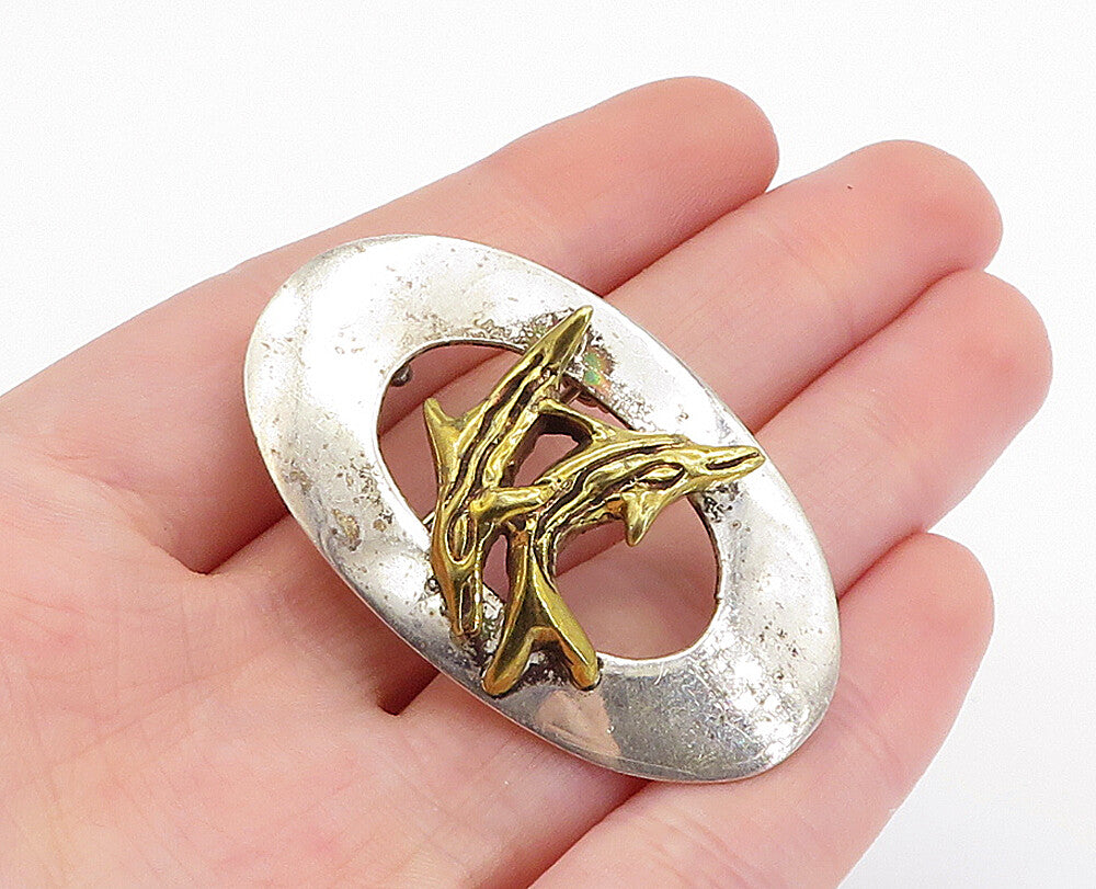 925 Sterling Silver  Vintage Shiny 2 Tone Leaping Dolphins Brooch Pin  BP1724