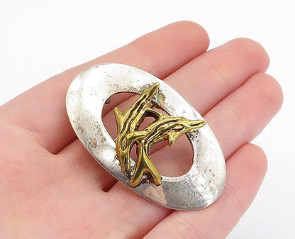 925 Sterling Silver  Vintage Shiny 2 Tone Leaping Dolphins Brooch Pin  BP1724
