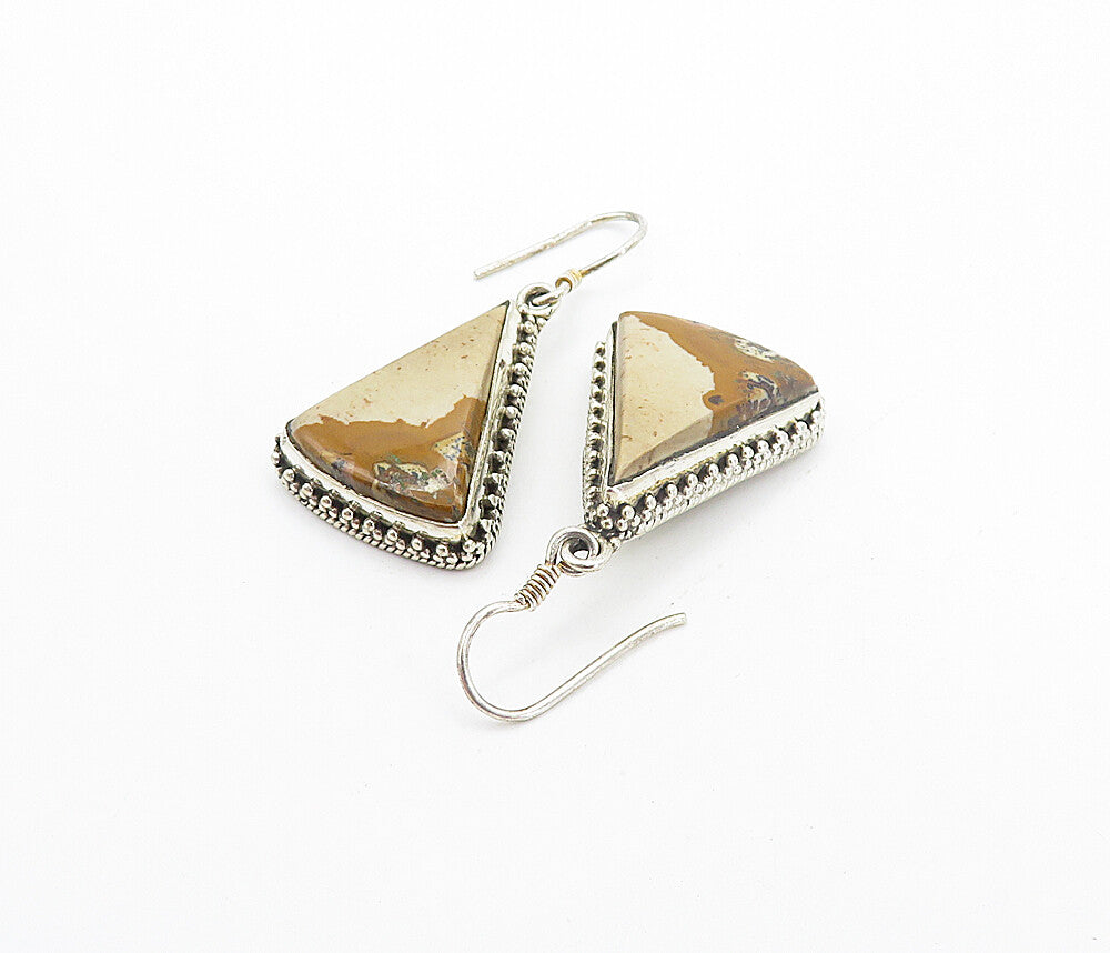 925 Sterling Silver  Vintage Brown Jasper Triangle Dangle Earrings  EG3189