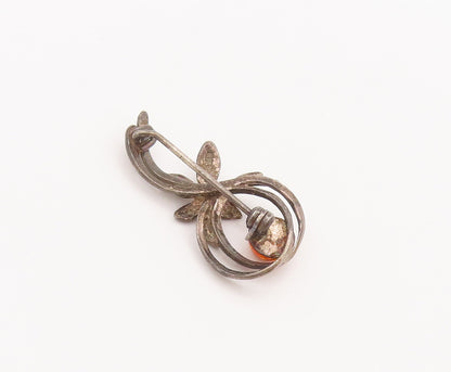 925 Sterling Silver Vintage Brooch Pin Solid Cutout Floral Loop Amber  BP10714