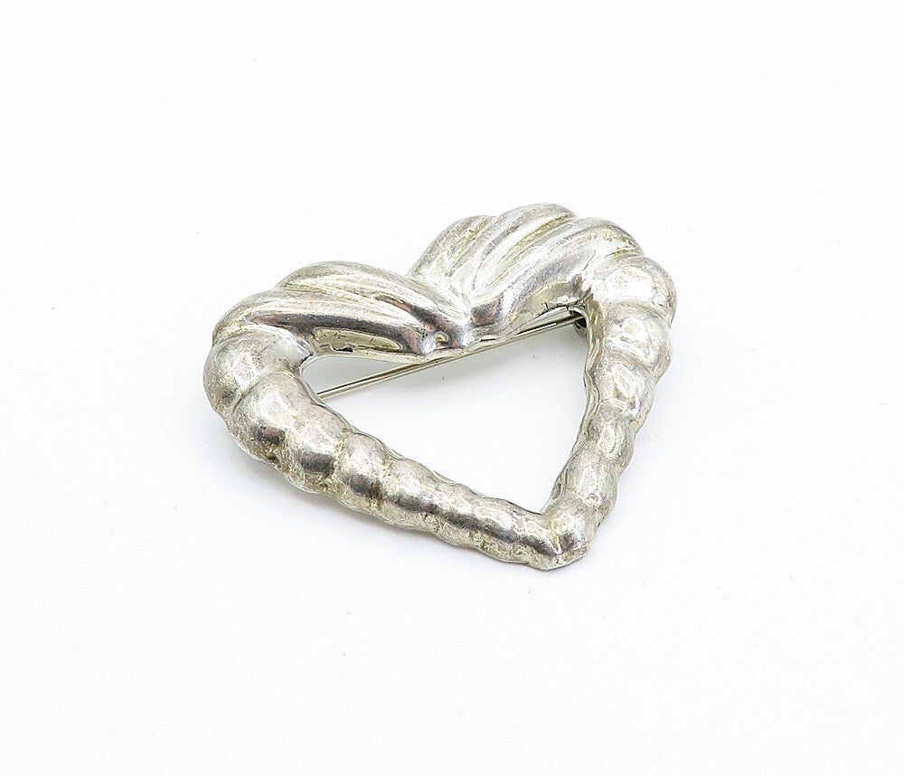 MEXICO 925 Sterling Silver  Vintage Fluted Open Love Heart Brooch Pin  BP1168