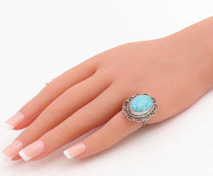 925 Sterling Silver Vintage Ring Cabochon Turquoise Scroll Band  Sz 6  RG34784