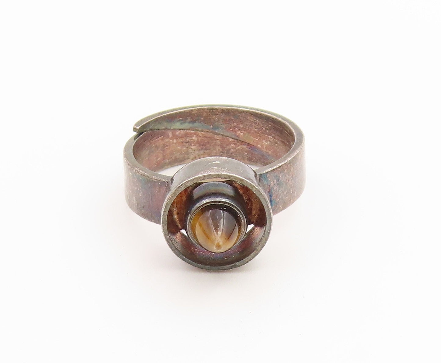 925 Sterling Silver Vintage Ring FINLAND Tiger's Eye Dome Band  Sz 6  RG36847