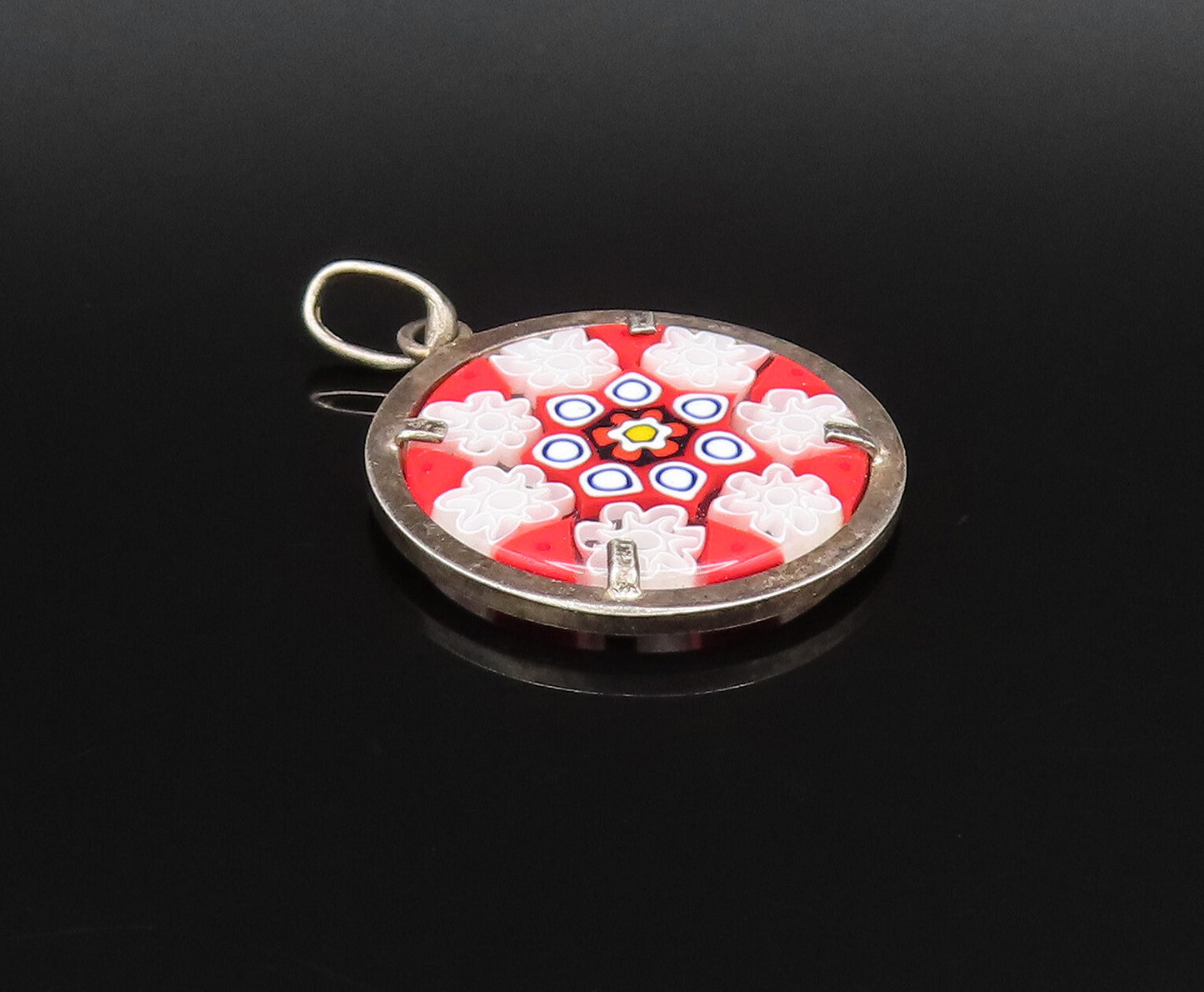 925 Silver  Vintage Double Sided Round Floral Art Glass Pendant  PT21295