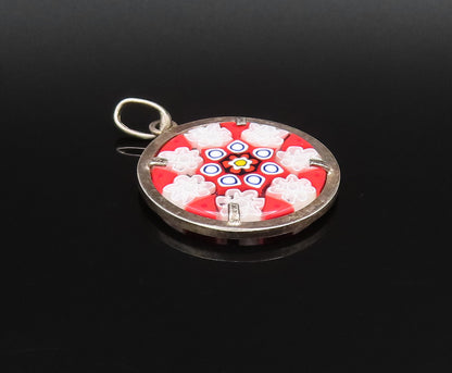 925 Silver  Vintage Double Sided Round Floral Art Glass Pendant  PT21295