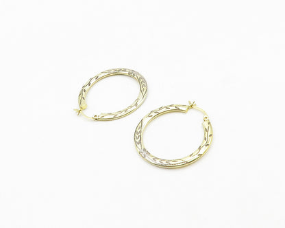 925 Sterling Silver Vintage Gold Plated Floral Vine Etched Hoop Earrings  EG9655