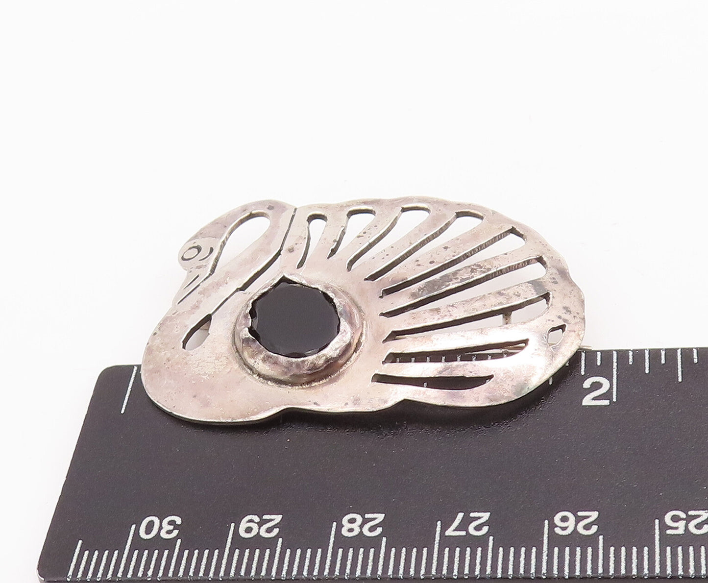 925 Sterling Silver Vintage Brooch Pin Solid Cutout Onyx Swan  BP11122