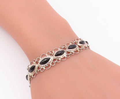 925 Silver  Vintage Open Circle Edge Marquise Black Onyx Chain Bracelet BT9559