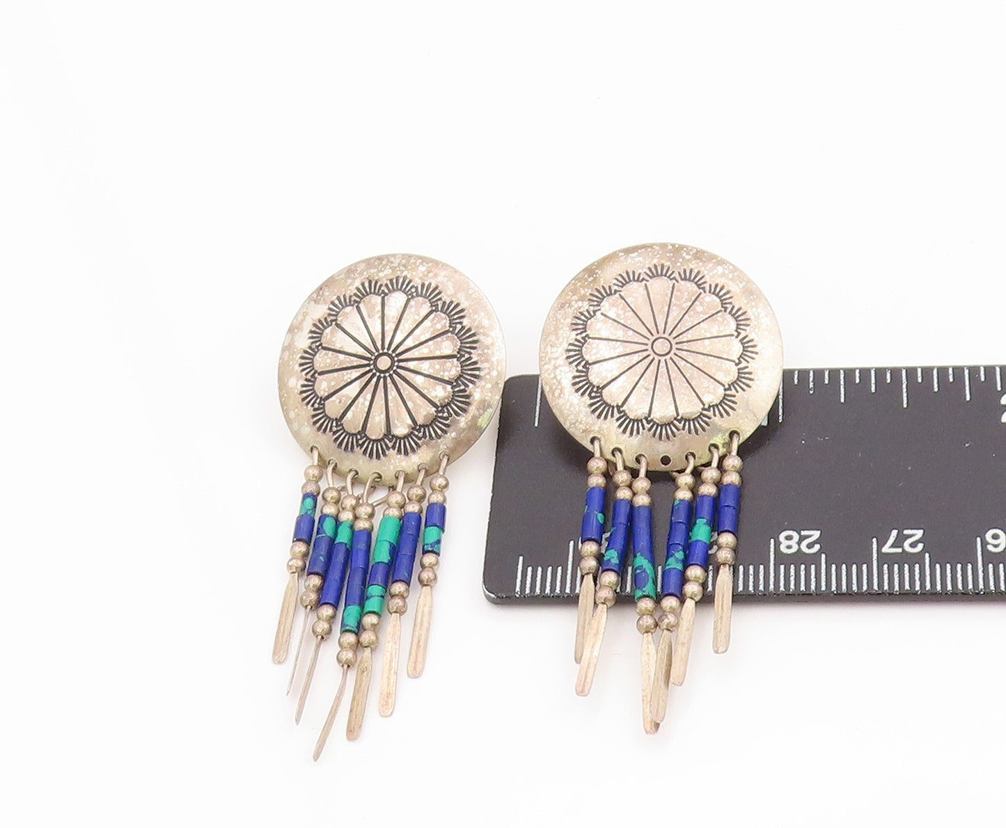 925 Sterling Silver Vintage Earrings SOUTHWESTERN Beaded Concho Dangles EG13732
