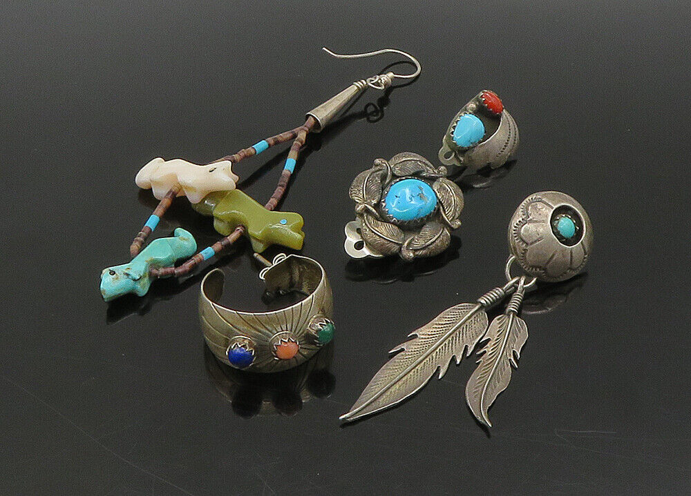 ZUNI NAVAJO 925 Silver  Vintage MultiStone Lot Single Earrings  EG11247