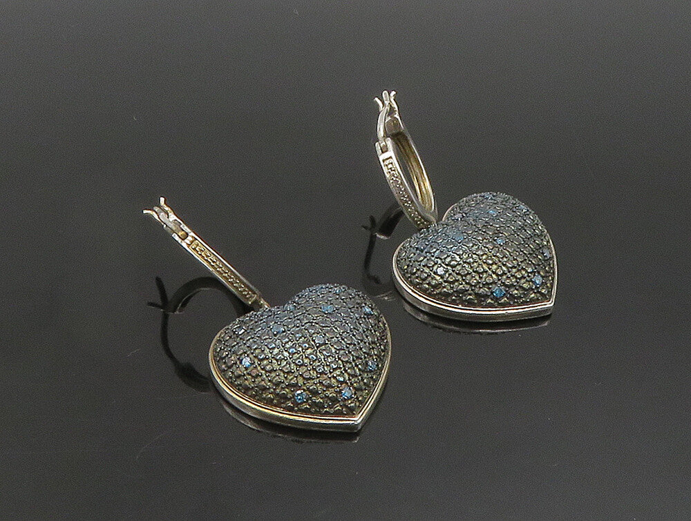 925 Silver  Vintage Blue Genuine Diamonds Textured Heart Earrings  EG11658