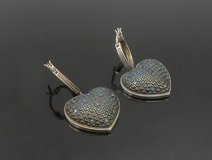 925 Silver  Vintage Blue Genuine Diamonds Textured Heart Earrings  EG11658