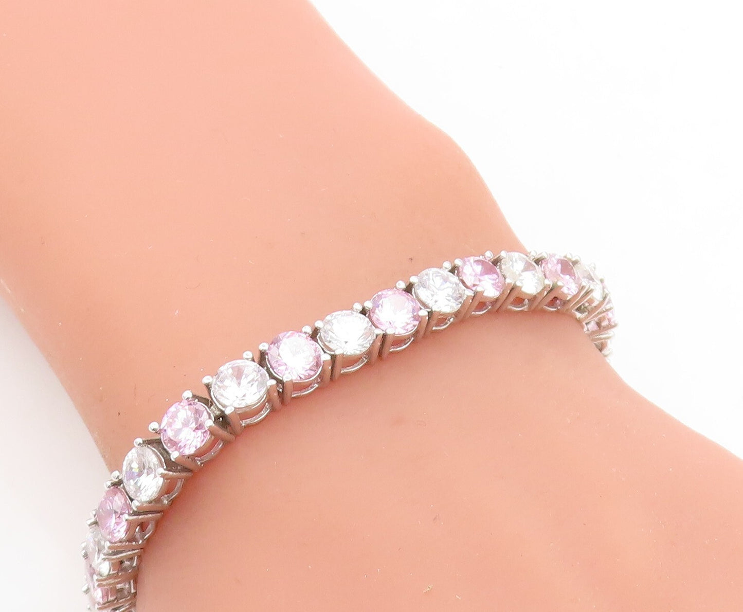 925 Sterling Silver   Pink & White Cubic Zirconia Tennis Bracelet  BT3233