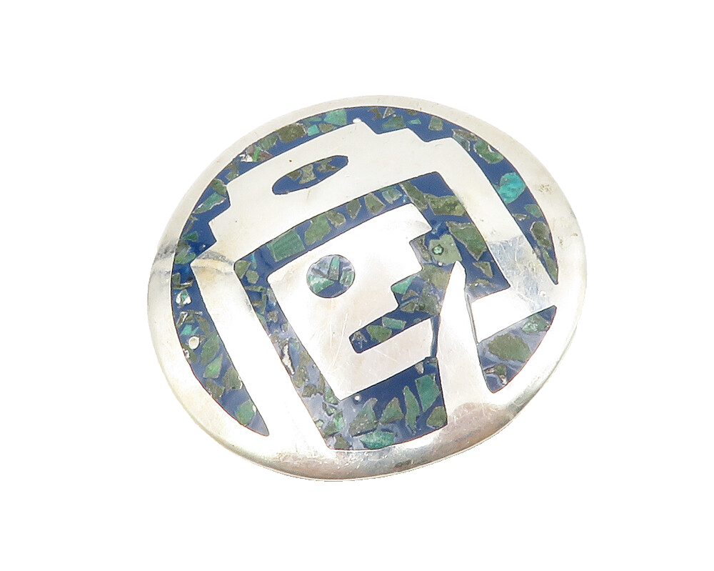 MEXICO 925 Sterling Silver  Vintage Turquoise Mosaic Round Brooch Pin  BP5216