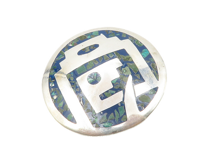 MEXICO 925 Sterling Silver  Vintage Turquoise Mosaic Round Brooch Pin  BP5216