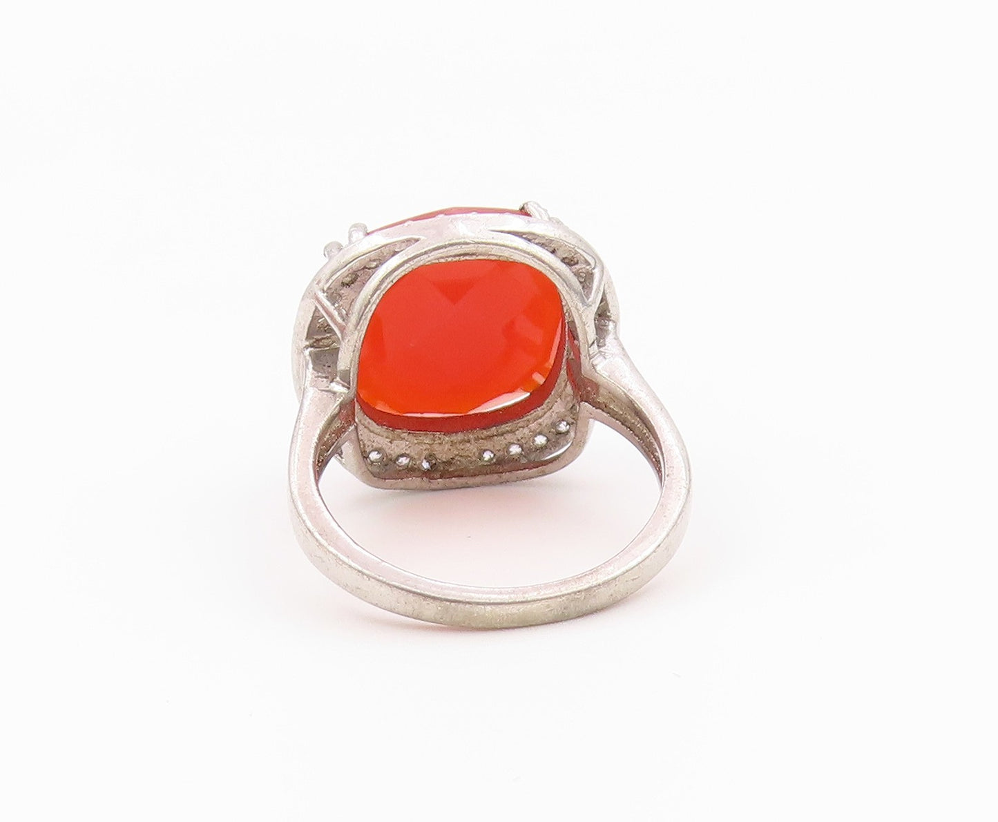 925 Sterling Silver Vintage Ring Faceted Carnelian Halo CZ Band  Sz 7.5  RG36552