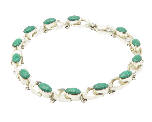 MEXICO 925 Sterling Silver Vintage Cabochon Malachite Chain Necklace  NE2887