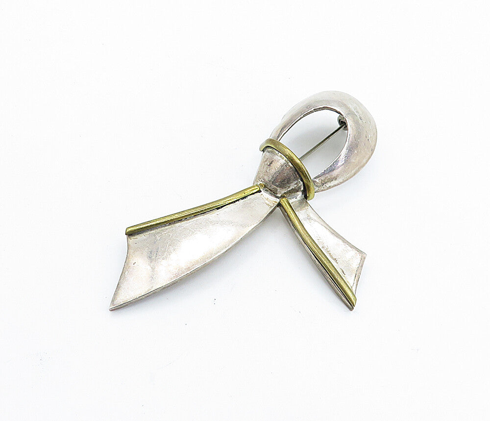 MEXICO 925 Sterling Silver  Vintage Two Tone Ribbon Design Brooch Pin  BP2743